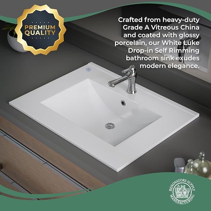 Renovators Supply Manufacturing Luke 24" Drop-in Self-Rimming Rectangular Bathroom Sink In White With Overflow Pack of 1