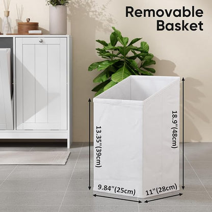Smart FENDEE Double Tilt Out Laundry Hamper Cabinet, 11.8 Gallon Hidden Trash Cabinets with 2 Baskets for Kitchen, Freestanding Small Bathroom Storage Cabinet Unit, White