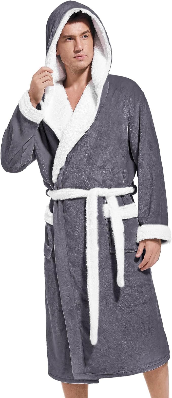 Inner Wish Mens Hooded Robe, Plush Long Bath robes Cozy Warm Bathrobe Fuzzy male Spa Robe With Pockets