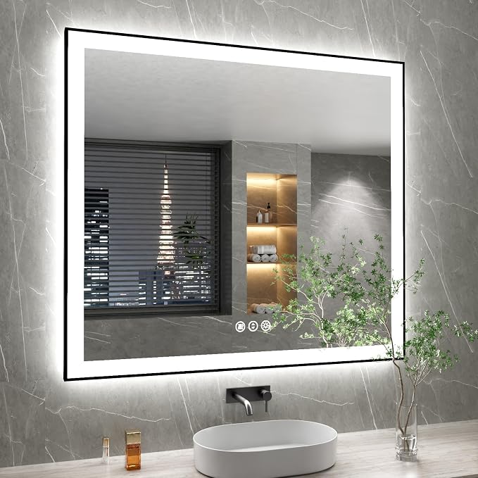 40x38 Inch LED Bathroom Mirror with Black Frame | Black Metal Frame, Front and Backlit, 3 Colors, Dimmable, Memory, Anti Fog, Tempered Glass, Lighted Mirror for Wall