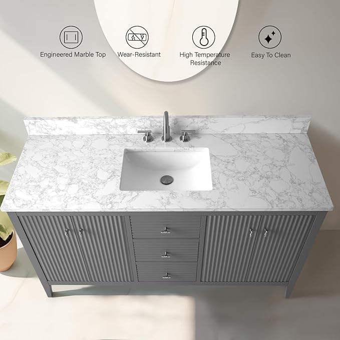 Vanity Art 60 inch Bathroom Vanity with Single Sink & Ceramic Top, Vanity Cabinet with Soft-Closing Door, Solid Wood Frame, Linear Pattern, Cashmere Gray, Golden Brushed Handware VA9160-SG-GB