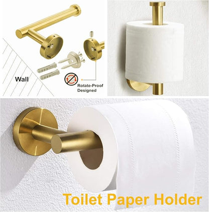 Nolimas 3-Pieces Brushed Gold Bathroom Hardware Set SUS304 Stainless Steel Round Wall Mounted Includes 12" Hand Towel Bar,Toilet Paper Holder,Robe Towel Hooks,Bathroom Accessories Kit