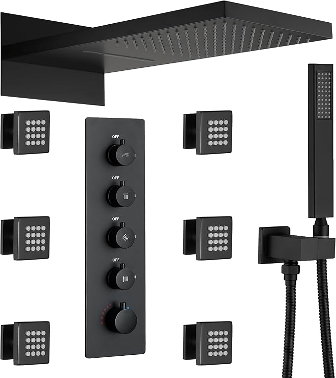 Luxury Thermostatic Rain & Waterfall Shower System with 22” Rain Shower Head & 6 Body Jets, Wall Mounted Shower Faucet Sets with Handheld Sprayer, 3/4” Inlet Thermostatic Valve