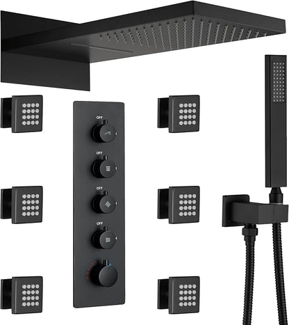 Luxury Thermostatic Rain & Waterfall Shower System with 22” Rain Shower Head & 6 Body Jets, Wall Mounted Shower Faucet Sets with Handheld Sprayer, 3/4” Inlet Thermostatic Valve