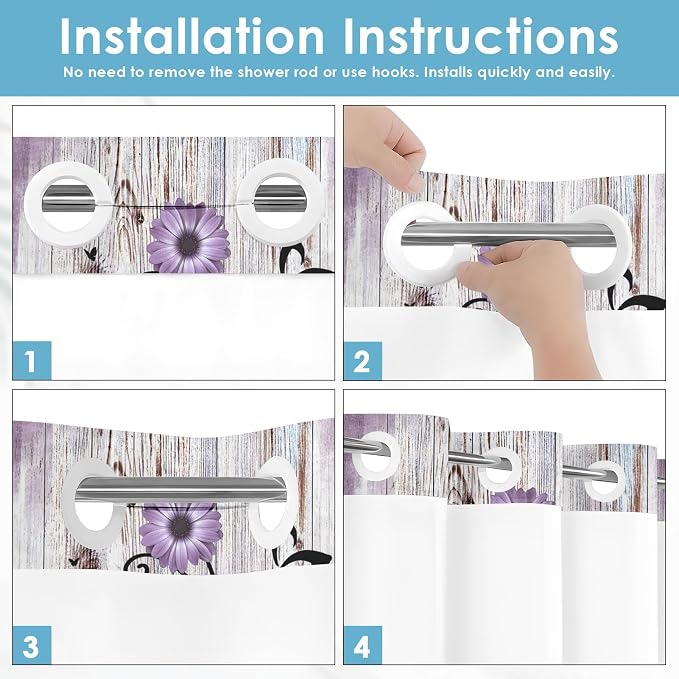 No Hook Shower Curtain with Snap in Liner 54x80 Inch Purple Daisy | Farmhouse Flower Rustic Modern Double Layers Waterproof Fabric with See Through Top Window Open Grommet Bath Curtain