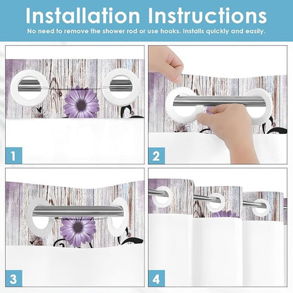 No Hook Shower Curtain with Snap in Liner 54x80 Inch Purple Daisy | Farmhouse Flower Rustic Modern Double Layers Waterproof Fabric with See Through Top Window Open Grommet Bath Curtain