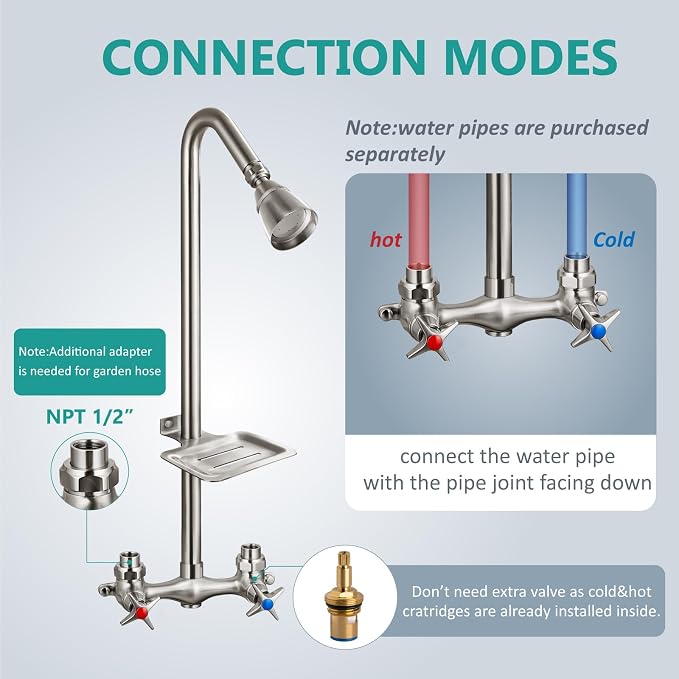 Aolemi Outdoor Shower Kit,2-Handle with Soap Dish,Brushed Nickel | Solid Brass Showerhead and Valve,SUS304 Riser,6-Inch Centers,Soap Dish,Reversible Upward/Downward Exposed Shower Install