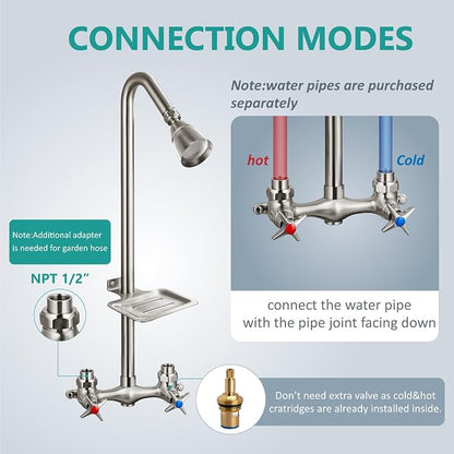 Aolemi Outdoor Shower Kit,2-Handle with Soap Dish,Brushed Nickel | Solid Brass Showerhead and Valve,SUS304 Riser,6-Inch Centers,Soap Dish,Reversible Upward/Downward Exposed Shower Install