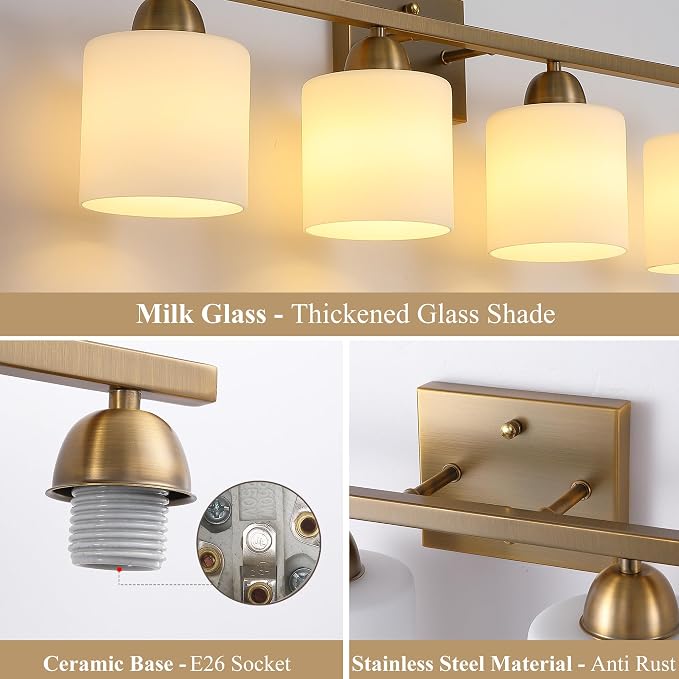 Mecgirn Milk Glass Vanity Lights for Bathroom, 4 Light Brass Bathroom Light Fixtures Over Mirror, Ceramic E26 Sockets Wall Mounted