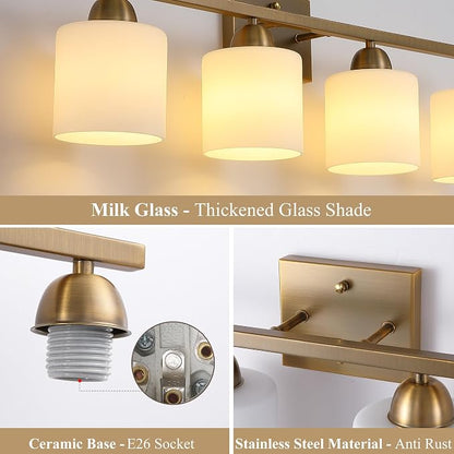 Mecgirn Milk Glass Vanity Lights for Bathroom, 4 Light Brass Bathroom Light Fixtures Over Mirror, Ceramic E26 Sockets Wall Mounted