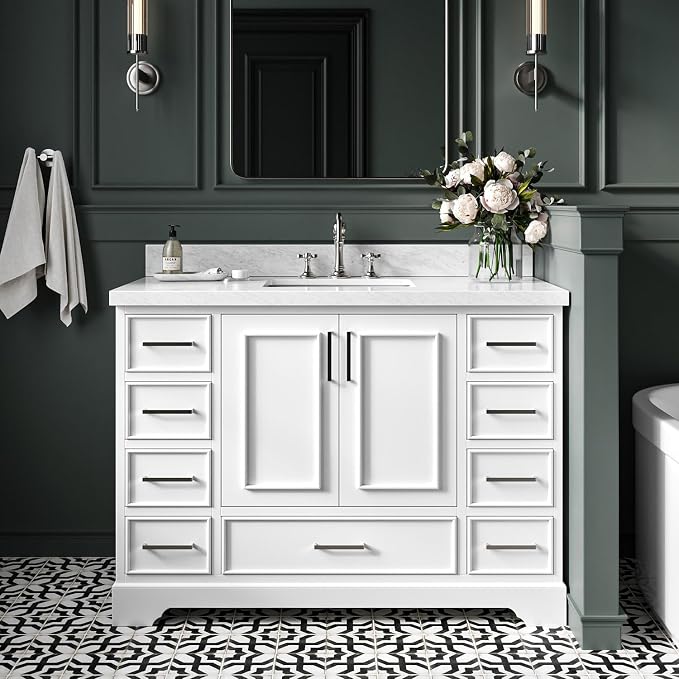 Langford 48-inch White Bathroom Vanity with Center Rectangle Single Sink, Italian Carrara Marble Countertop & Backsplash, Solid Wood Frame, Soft-Closing & Dovetail Drawers