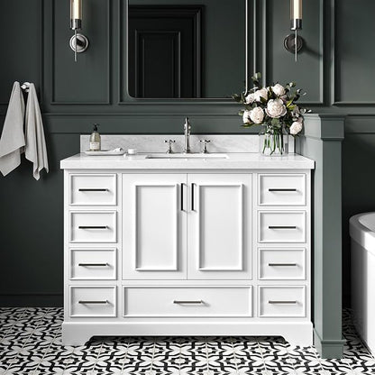 Langford 48-inch White Bathroom Vanity with Center Rectangle Single Sink, Italian Carrara Marble Countertop & Backsplash, Solid Wood Frame, Soft-Closing & Dovetail Drawers