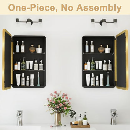 16x24 in Brushed Gold Medicine Cabinet with Mirror for Bathroom | Fully Assembled; Recessed or Surface Wall Mount; Metal Cabinet with Tempered Glass Mirror and Two Adjustable Glass Shelves