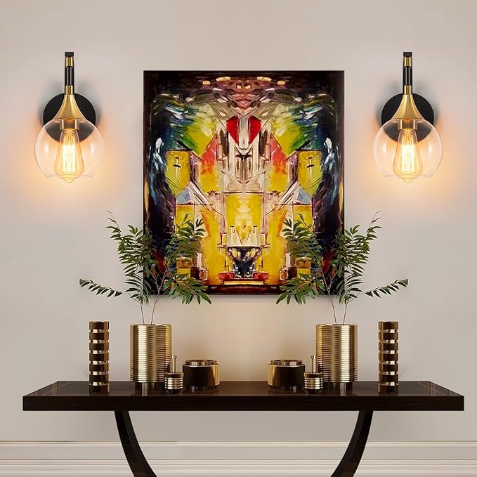 Modern Wall Sconce, 1-Light Black and Gold Bathroom Vanity Lights | with Clear Glass Shade, Globe Wall Mounted Light Fixture for Bathroom,Living Room, Hallway, Bedroom