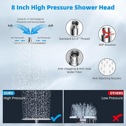 Hibbent All Metal 8'' Rain Shower Head with 16'' Extension Arm, Chrome | cUPC Certified High Pressure Rainfall Showerhead with Solid Brass Adjustable Shower Head Extension Arm, Fixed Showerheads