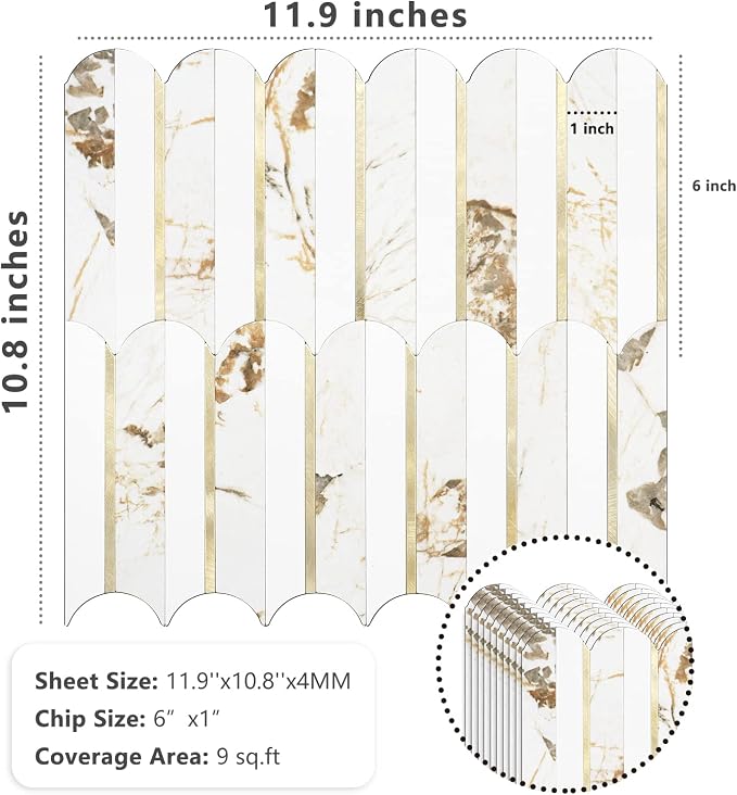 Vamos Tile Peel and Stick Backsplash Seamless Tile,10-Sheet Fish Scale Tile | Stick on Backsplash for Kitchen & Bathroom,White Marble Look PVC+Metal Gold Self Adhesive Mosaic Wall Tiles,11.9''x10.8''