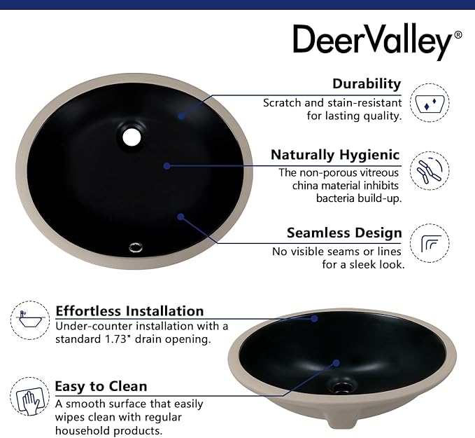 DeerValley DV-1U303B Black Undermount Bathroom Sink 18'' x 15'' Oval Ceramic Sink Bathroom Vessel Sink with Overflow Hole