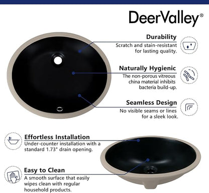 DeerValley DV-1U303B Black Undermount Bathroom Sink 18'' x 15'' Oval Ceramic Sink Bathroom Vessel Sink with Overflow Hole