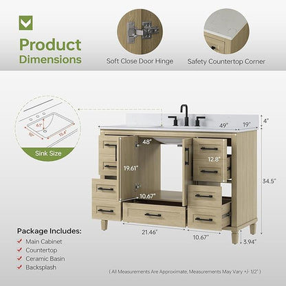48-Inch Oak Bathroom Vanity with Sink, Fully Assembled Storage Cabinet Featuring 2 Soft-Close Doors & 5 Extendable Drawers, Carrara Engineered Stone Countertop, and Backsplash