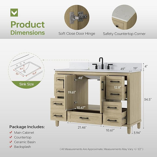 48-Inch Oak Bathroom Vanity with Sink, Fully Assembled Storage Cabinet Featuring 2 Soft-Close Doors & 5 Extendable Drawers, Carrara Engineered Stone Countertop, and Backsplash