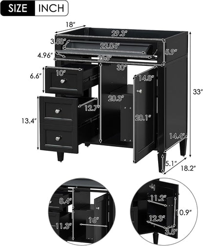 30" Bathroom Vanity Without Top Sink,Modern Freestanding Bath Storage Cabinet with 2 Soft-Close Drawers & Tip-Out Tray,Solid Wood Vanity Only w/Adjustable Shelf & Door Organizer,Black