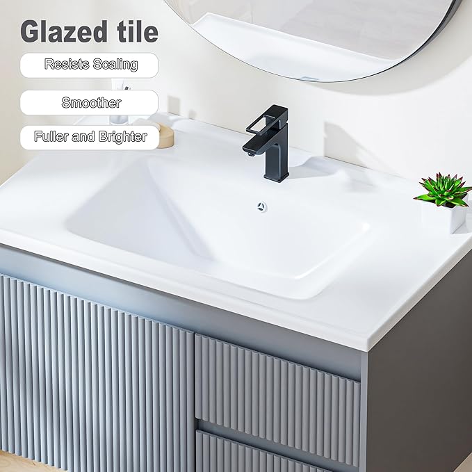 Floating Bathroom Vanity with Sink, 32 Inch Wall Mounted Bathroom Vanity with 2 Drawers and Wave-Carved Design Door, Modern Wooden Cabinet with Ceramic Sink and Storage, Grey