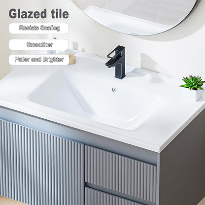 Floating Bathroom Vanity with Sink, 32 Inch Wall Mounted Bathroom Vanity with 2 Drawers and Wave-Carved Design Door, Modern Wooden Cabinet with Ceramic Sink and Storage, Grey