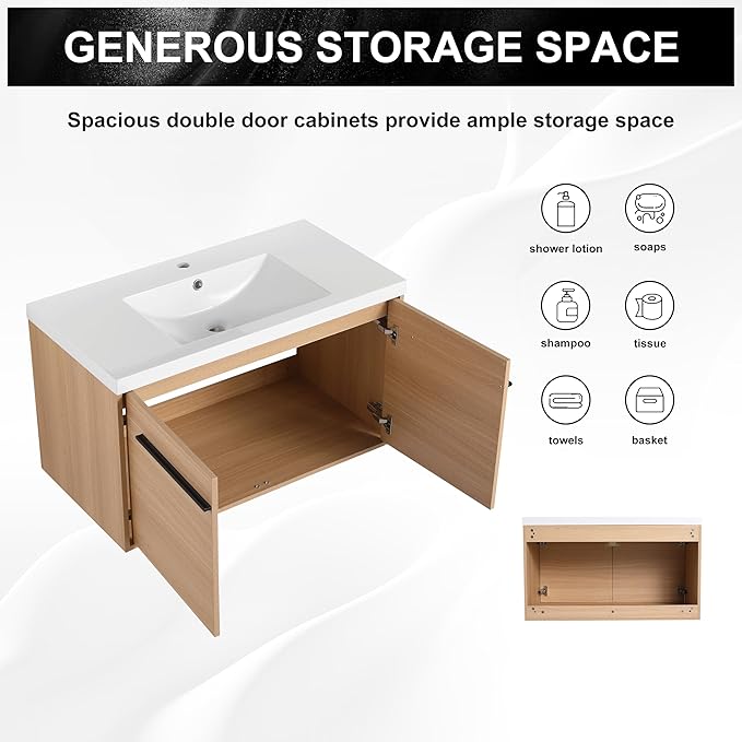 Henf 36 inch Bathroom Vanity with Sink, Wall Mounted Solid Wood Bathroom Vanities with White Integrated Sink and Storage Cabinet,Floating Modern 2 Doors Bathroom Cabinet Set with Black Handle,Oak