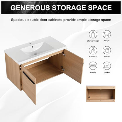 Henf 36 inch Bathroom Vanity with Sink, Wall Mounted Solid Wood Bathroom Vanities with White Integrated Sink and Storage Cabinet,Floating Modern 2 Doors Bathroom Cabinet Set with Black Handle,Oak