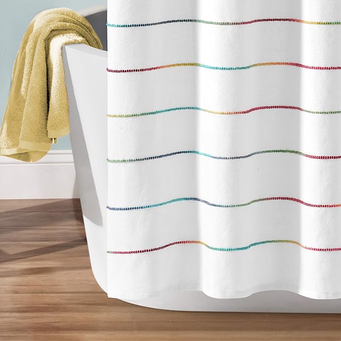 Lush Decor Ombre Stripe Yarn Dyed Cotton Shower Curtain, 72" W x 72" L, Rainbow - Fabric Shower Curtains - Striped Bathroom Curtain - Farmhouse & Coastal Decor