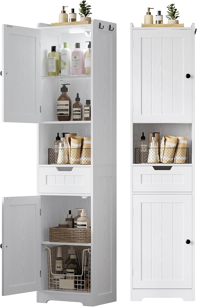 LIKIMIO Tall Bathroom Storage Cabinet with Lights, 2 Doors and 1 Drawer | Narrow Bathroom Storage Cabinet with Adjustable Shelves, 2 Hook, Slim Freestanding Cabinet for Small Space, 15.7" Wide, White