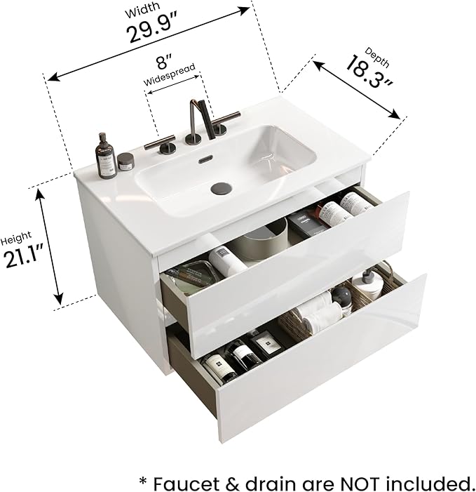 30" Bathroom Vanity with Sink, Modern Floating Vanity with Double Soft Closing Drawers, Large Storage for Small Space, Glossy White, Fully Assembled - Iris Collection