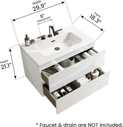 30" Bathroom Vanity with Sink, Modern Floating Vanity with Double Soft Closing Drawers, Large Storage for Small Space, Glossy White, Fully Assembled - Iris Collection