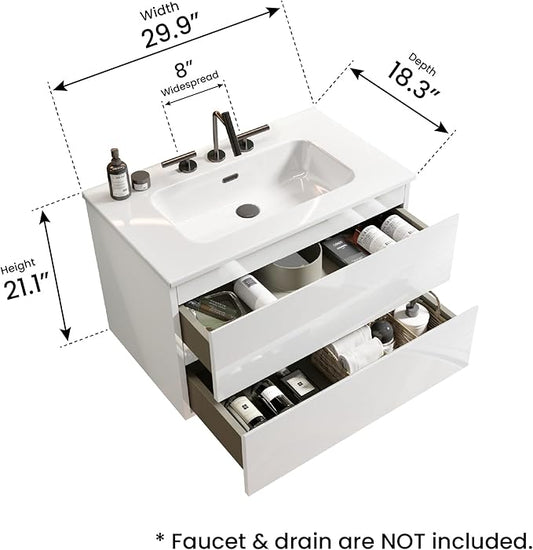 30" Bathroom Vanity with Sink, Modern Floating Vanity with Double Soft Closing Drawers, Large Storage for Small Space, Glossy White, Fully Assembled - Iris Collection