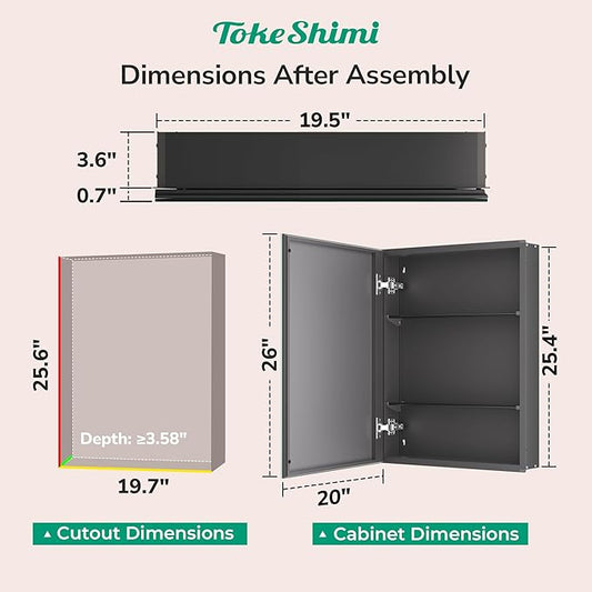 TokeShimi 20 x 26 Recessed Medicine Cabinet Mirror Black Tempered, Aluminum Surface Mount Medicine Cabinet Mirror with Storage with Stepless Adjustable Shelves for Bathroom Modern Farmhouse