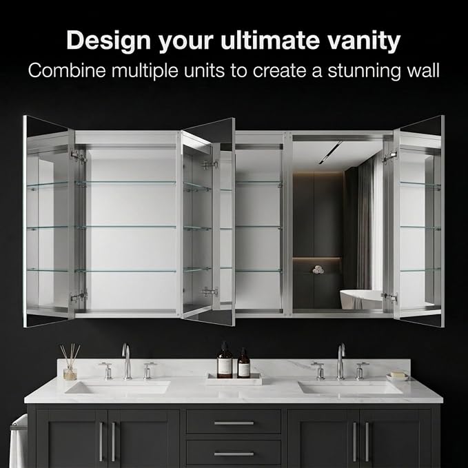Bathroom Medicine Cabinet, Aluminum, Recessed/Surface Mount, 36" x 30", Right/Left Hinged, Mirrored Interior