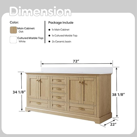 WELLFOR 72 Inch Bathroom Vanity with Double Sinks, Solid Wood Bathroom Vanity W/4 Soft-Close Doors and 6 Drawers, Cultured Marble Countertop Bathroom Vanities W/Two Sinks (Oak)