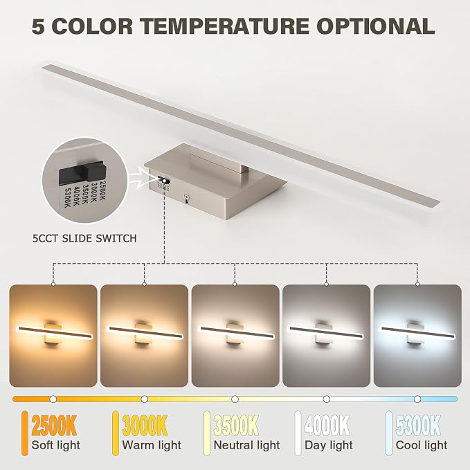 JUSHENG Brushed Nickel Vanity Lights for Bathroom, 5CCT Dimmable Vanity Light Bar, Modern LED Bathroom Lighting Fixtures Above Mirror 24'' Inch 20W