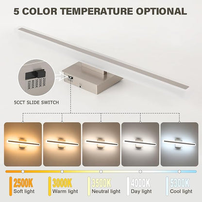 JUSHENG Brushed Nickel Vanity Lights for Bathroom, 5CCT Dimmable Vanity Light Bar, Modern LED Bathroom Lighting Fixtures Above Mirror 24'' Inch 20W