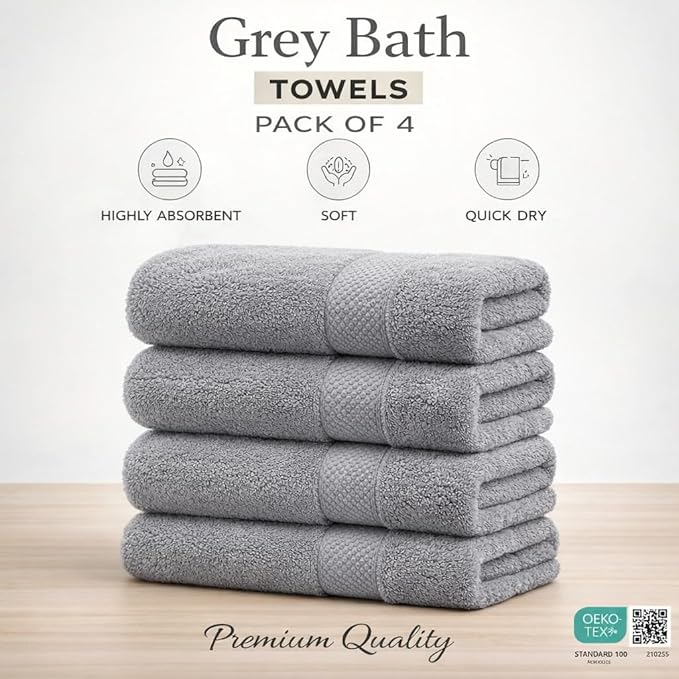 Grey Bath Towels 30x60 – Pack of 4 | Soft, Light Weight & Quick-Dry | Highly Absorbent 100% Combed Yarn Cotton Towels for Bathroom, Spa, Home & Hotel Use (Grey Bath Towels, 30x60- Pack of 4)