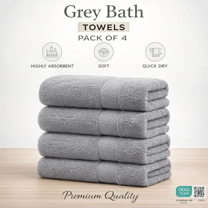 Grey Bath Towels 30x60 – Pack of 4 | Soft, Light Weight & Quick-Dry | Highly Absorbent 100% Combed Yarn Cotton Towels for Bathroom, Spa, Home & Hotel Use (Grey Bath Towels, 30x60- Pack of 4)