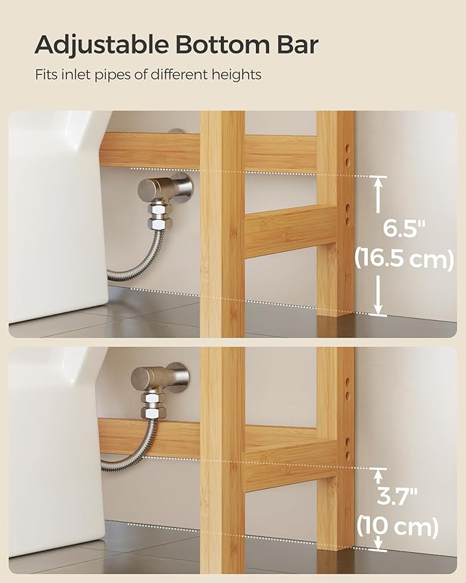 SONGMICS Over The Toilet Storage, 4-Tier Over Toilet Bathroom Organizer with Adjustable Shelves, 10.2 x 24.8 x 72.8 Inches, Space-Saving, Natural Beige UBTS041N01