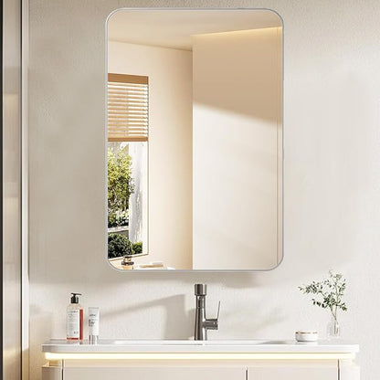 Medicine Cabinet with Framed Mirror, 20 x 26 Inch Silver Round Corners Bathroom Cabinets, Recessed or Surface Wall-Mounted, Double Doors, Removable Glass Shelves for Bathroom Bedroom Kitchen