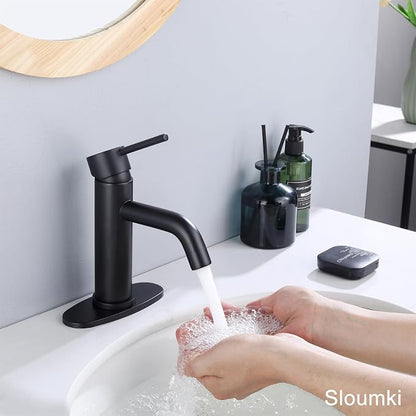 Bathroom Faucet Matte Black Modern Bathroom Sink Faucet with Single Handle Suitable for 1 or 3 Holes, Supply Deck Plate and Hose
