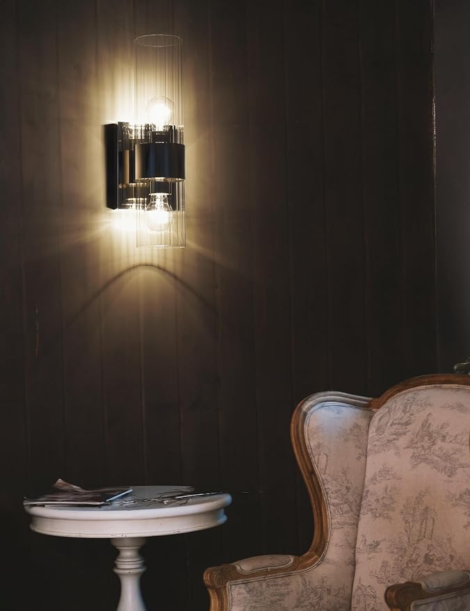 Modern Bathroom Sconces Wall Lighting with Clear Ribbed Glass, Polished Nickel 2-Light Bathroom Vanity Light Fixtures for Mirror Living Room Hallway Bedroom