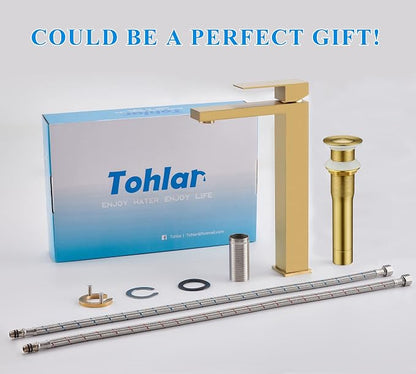 Tohlar Gold Bathroom Faucet, Single Hole Vanity Sink Faucet with Drain | Brushed Gold Bathroom Sink Faucet, Single Handle Faucet with Pop Up Drain and Water Supply Lines, Stainless Steel