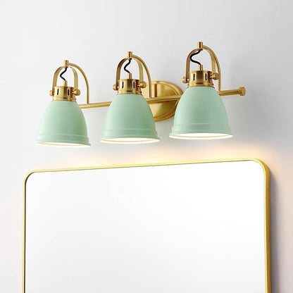JONATHAN Y 25.5" Mint Green/Brass Gold 3-Light LED Vanity Light, Adjustable Wall Sconce for Bathroom Mirror, Farmhouse Bohemian Kitchen Light, Iron Black Bell Shade (JYL1116D)