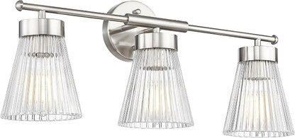 HWH INVESTMENT 3-Light Bathroom Vanity Light, Brushed Nickel, 5HZG97B-3W BN | 24.1-Inch Hardwired Wall Light with Clear Striped Glass; 3 E26 Bulbs, Max 60W Each; Bulbs Not Included