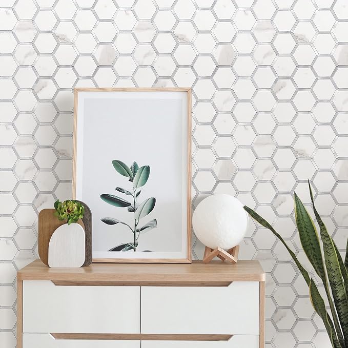 STICKGOO Hexagon Peel and Stick Backsplash Tile, Stick on Backsplash for Kitchen and Bathroom, White Marble Look PVC Mixed Metal Silver Self Adhesive Wall Tiles(10 Sheets, Seamless)