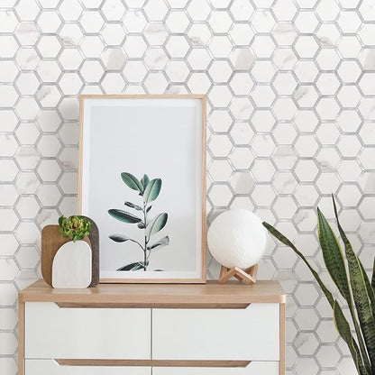 STICKGOO Hexagon Peel and Stick Backsplash Tile, Stick on Backsplash for Kitchen and Bathroom, White Marble Look PVC Mixed Metal Silver Self Adhesive Wall Tiles(10 Sheets, Seamless)